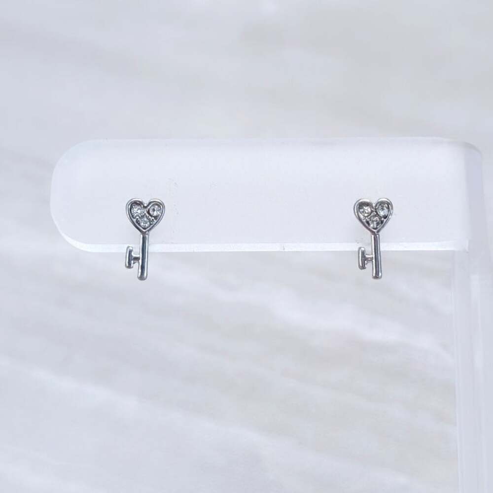 Heart Shape Key with Clear Gems Small and Dainty Silver Tone Stud Earrings